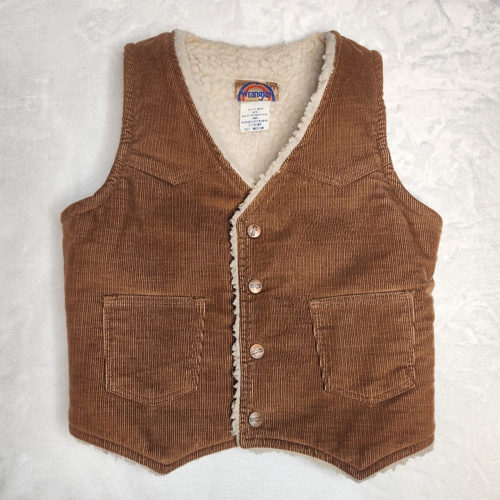 VTG 70's Wrangler Brown Corduroy Sherpa Lined Kids Vest Sz Medium